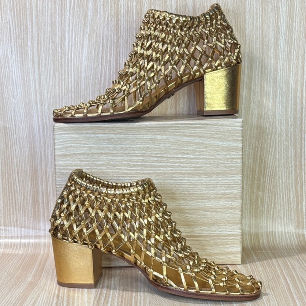 CECELIA Gold Woven Leather Block Heel Sandals 10 Statement Luxe - Picture 3 of 7